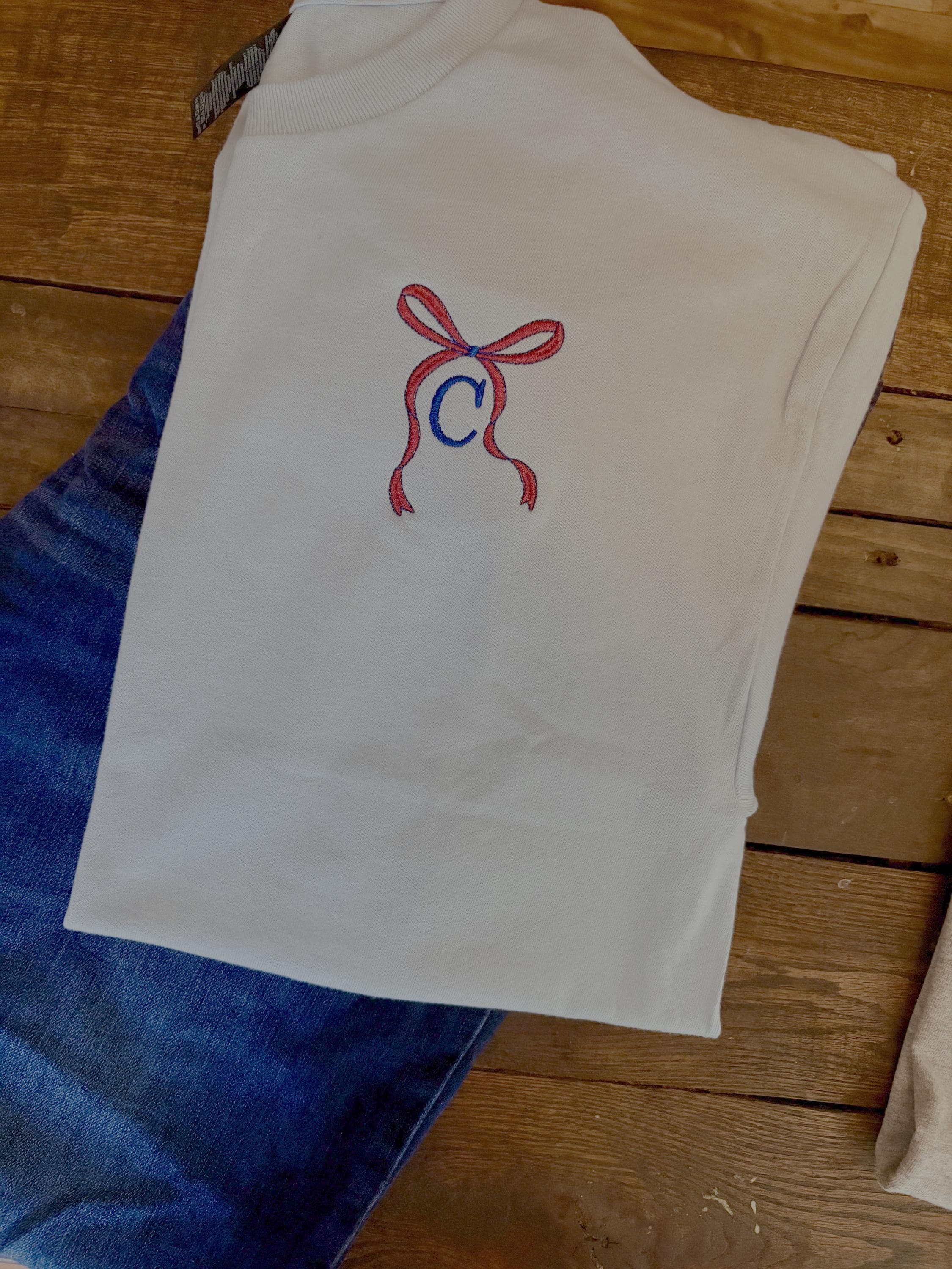 Embroidered Monogram Bow Shirt, Red White Blue Coquette Tee, 4th of July Patriotic Top