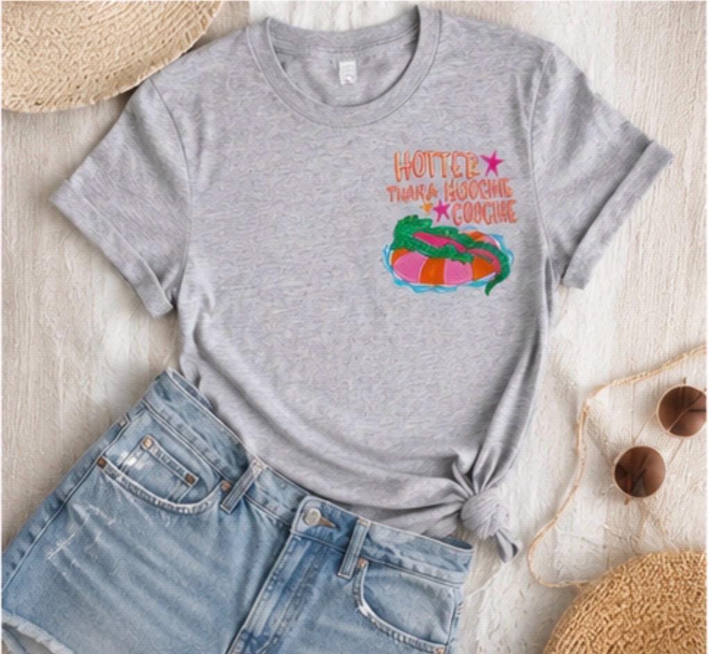 Hotter Than A Hoochie Coochie Embroidered Shirt, Funny Southern Tee, Alligator Pocket Tee, Country Girl Shirt, Summer Graphic T-Shirt
