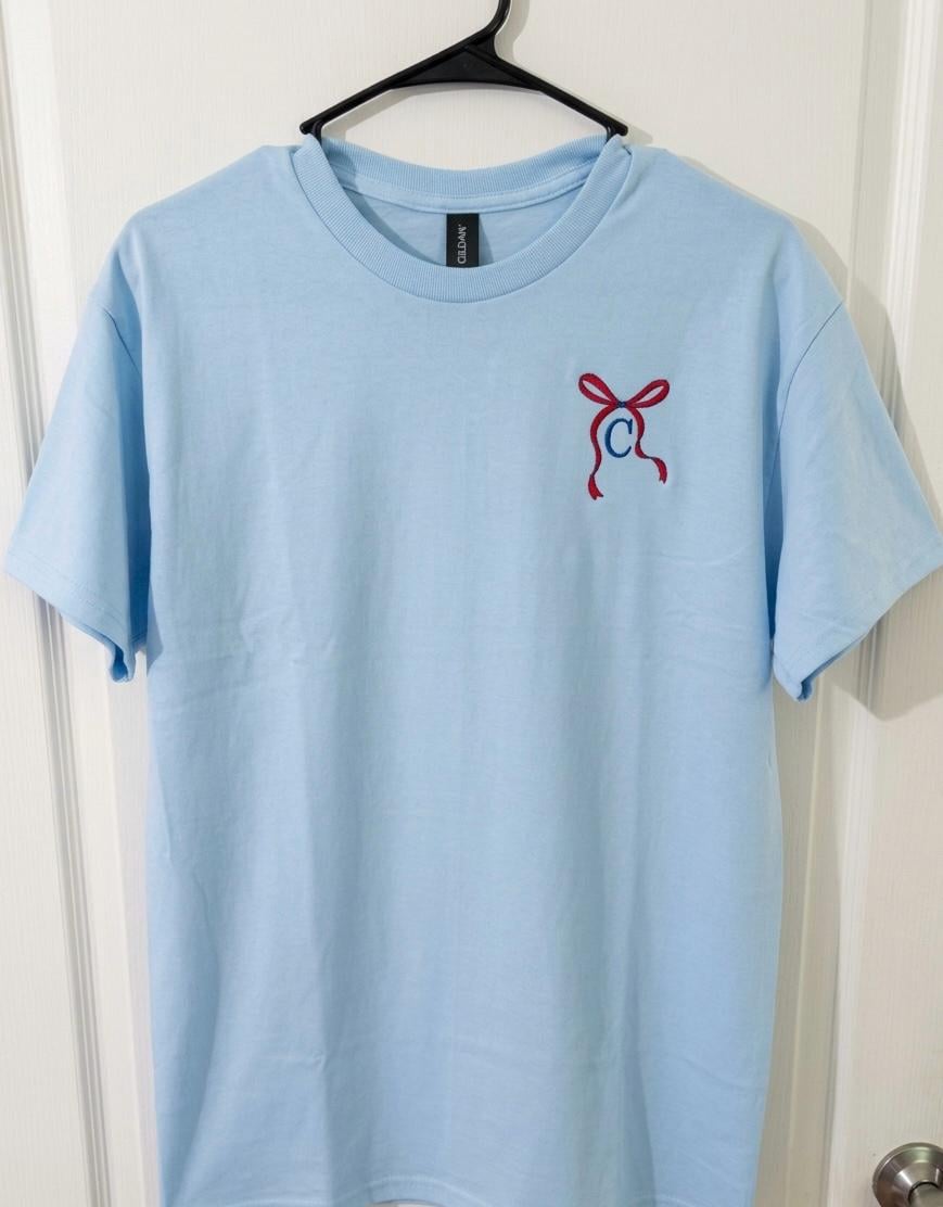 Embroidered Monogram Bow Shirt, Red White Blue Coquette Tee, 4th of July Patriotic Top