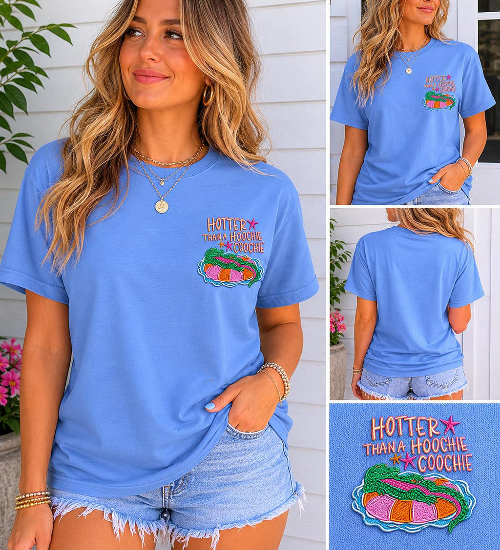 Hotter Than A Hoochie Coochie Embroidered Shirt, Funny Southern Tee, Alligator Pocket Tee, Country Girl Shirt, Summer Graphic T-Shirt