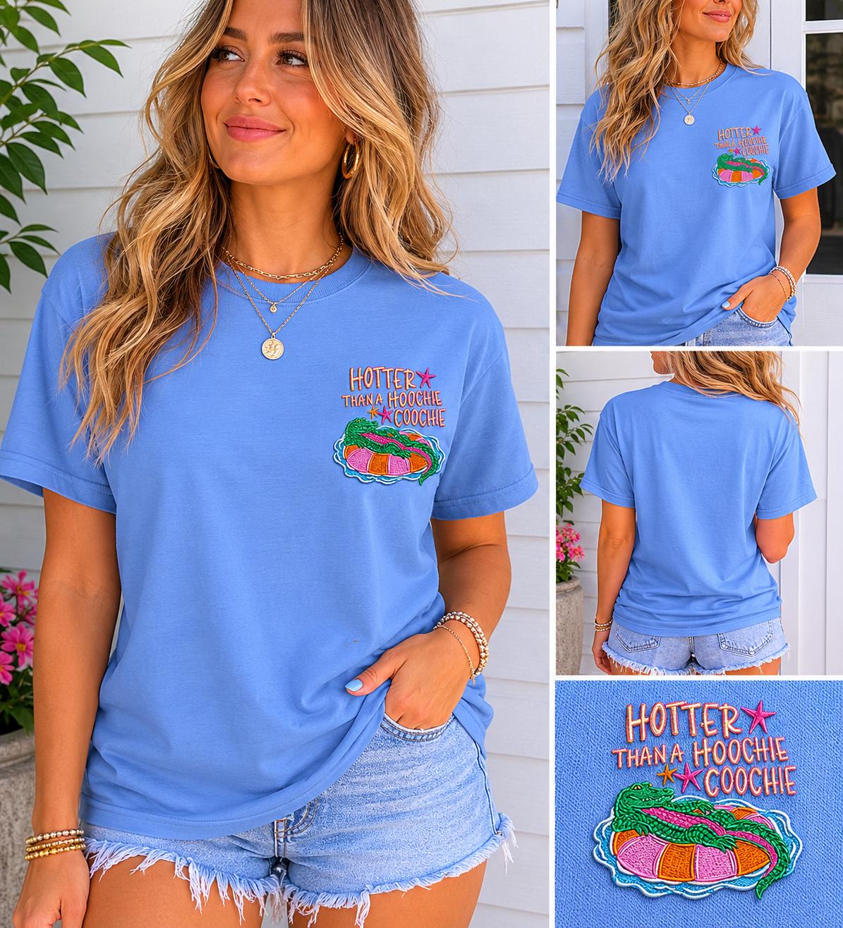 Hotter Than A Hoochie Coochie Embroidered Shirt, Funny Southern Tee, Alligator Pocket Tee, Country Girl Shirt, Summer Graphic T-Shirt
