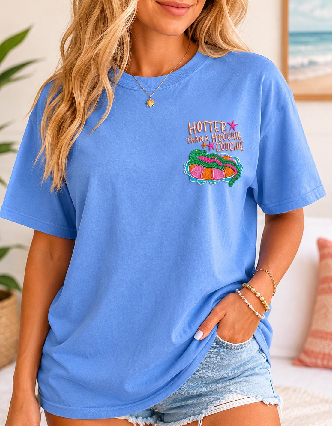 Hotter Than A Hoochie Coochie Embroidered Shirt, Funny Southern Tee, Alligator Pocket Tee, Country Girl Shirt, Summer Graphic T-Shirt