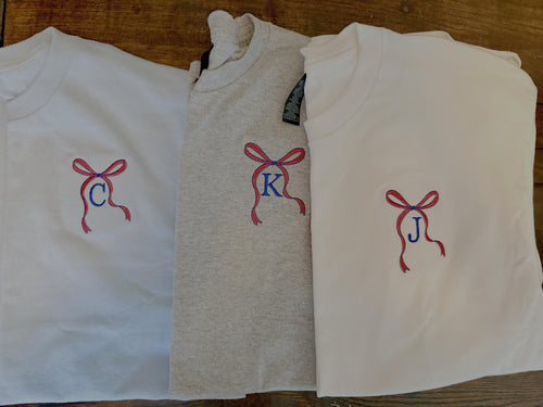 Embroidered Monogram Bow Shirt, Red White Blue Coquette Tee, 4th of July Patriotic Top